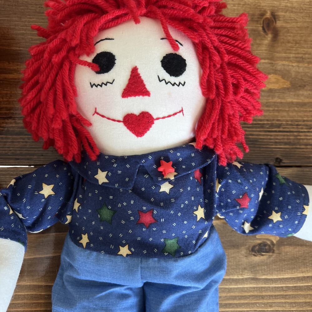 RARE RAGGEDY ANN & ANDY 18” RAG DOLL SET Handmade Red Dress W Stars & Apron VGUC - Picture 13 of 16